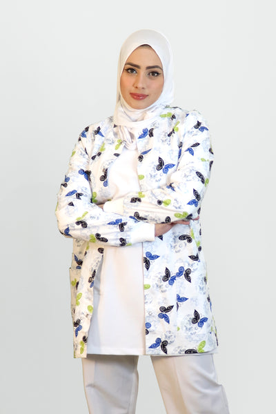 White Butterfly Printed Scrub Jacket