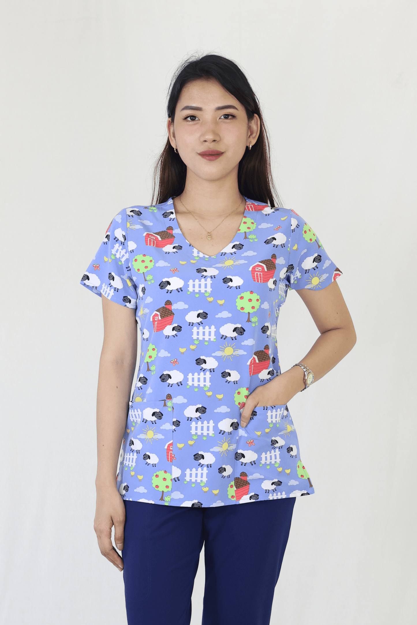 Sheep Peeps - Zoe Chloe Performance V-Neck Print Scrub Top