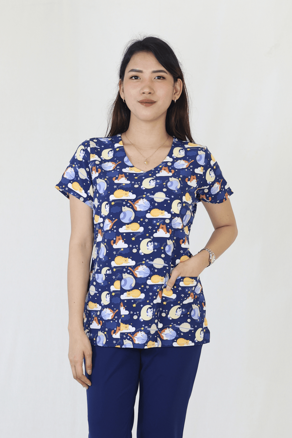 Moon Mew Cats In Space - Zoe Chloe Performance V-Neck Print Scrub Top