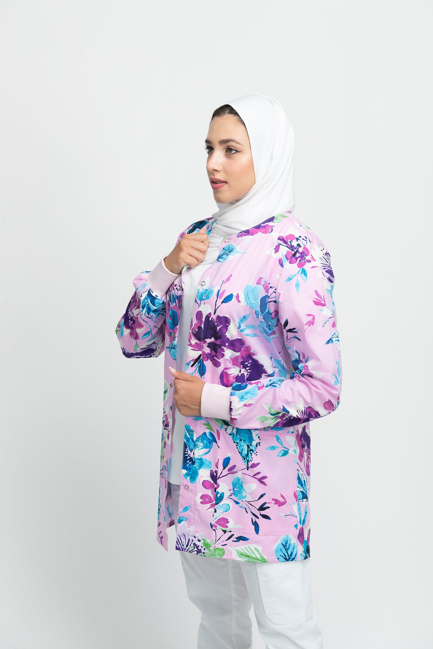 Pink Floral Printed Scrub Jacket