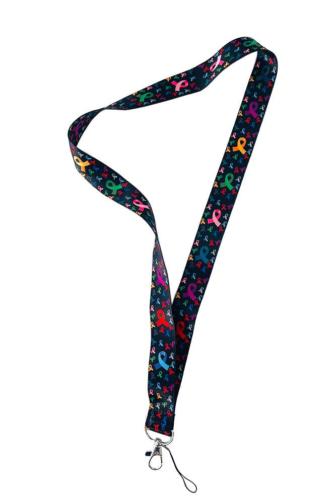 Multicolored Cancer Awareness Ribbons ID Lanyard - Black