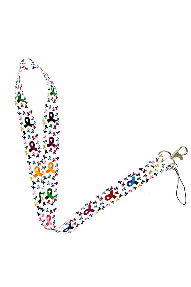 Multicolored Cancer Awareness Ribbons ID Lanyard - White