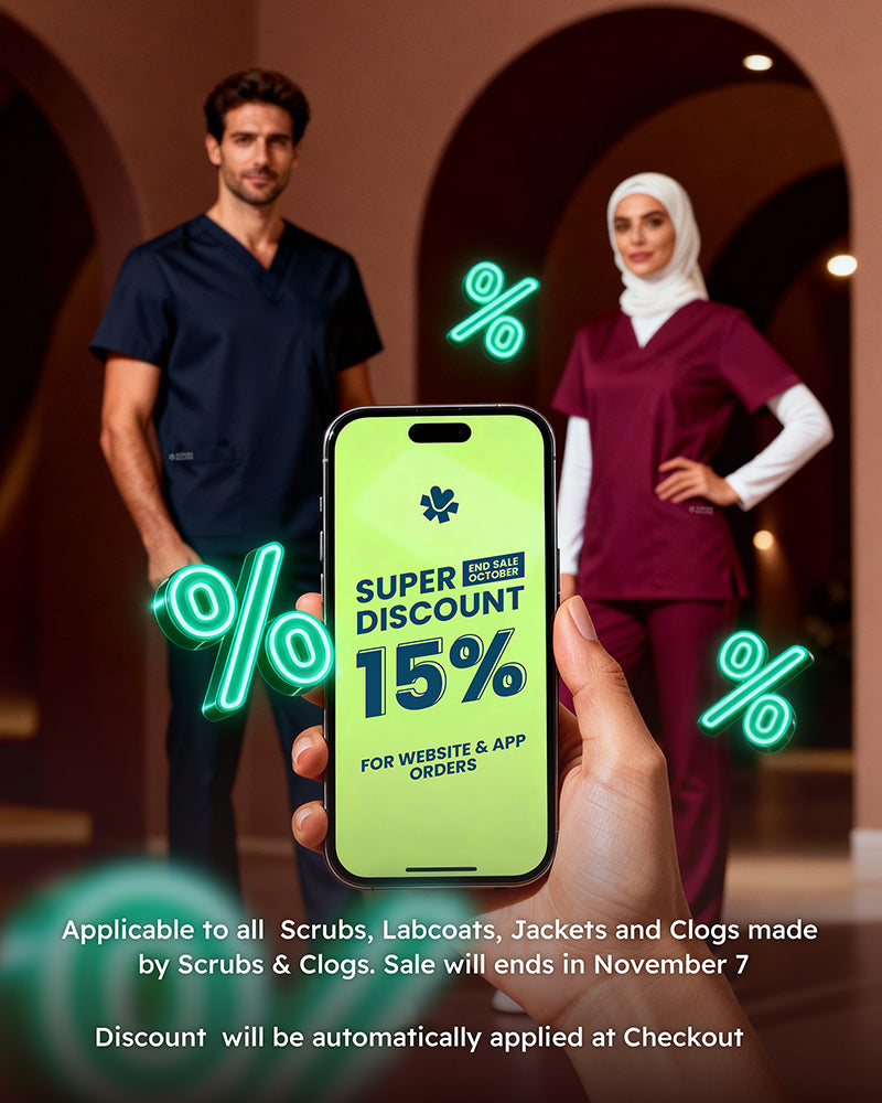 UAE medical uniform sale — Scrubs & Clogs offering 15% discount on scrubs, lab coats, jackets, skirts, and clogs online till November 7.