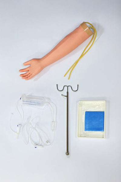 Medical equipment including an IV bag, drip stand, and arm with a blood pressure cuff on a white background