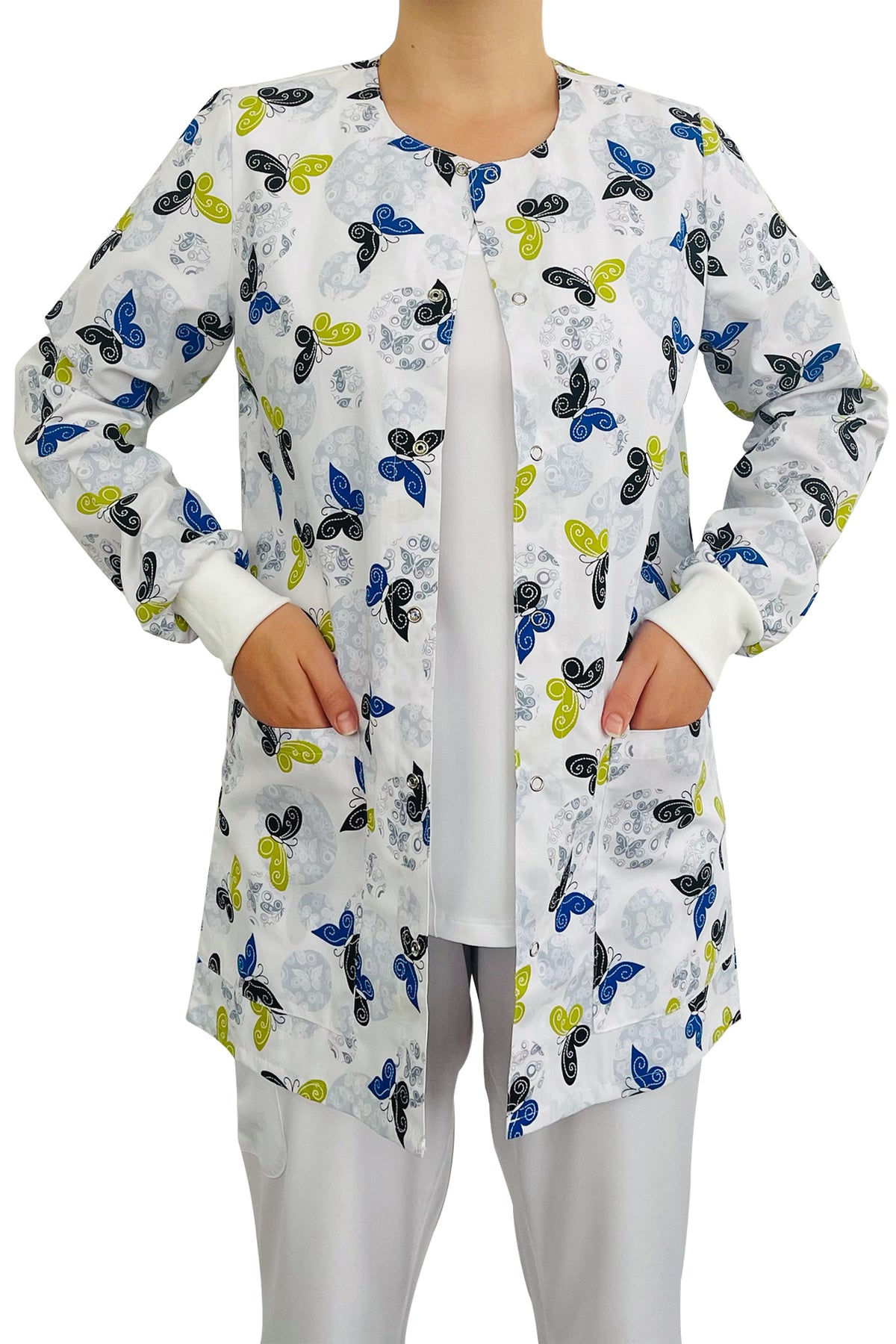 White Butterfly Printed Scrub Jacket, second view