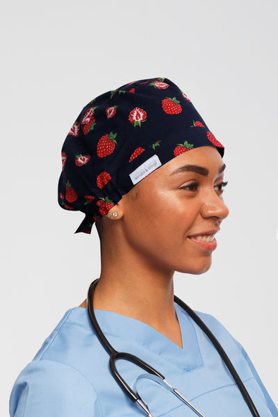 Navy Strawberry Printed Scrub Hat