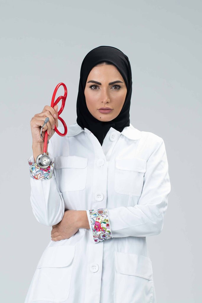 GENEVA Modern labcoat with 4 pocket and floral accent details