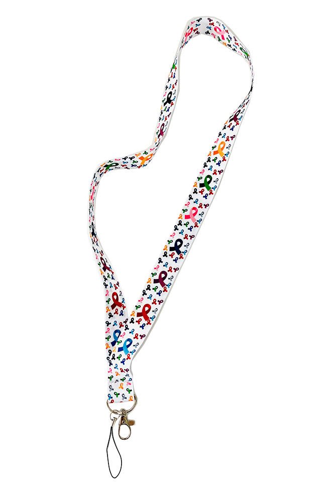 Multicolored Cancer Awareness Ribbons ID Lanyard - White